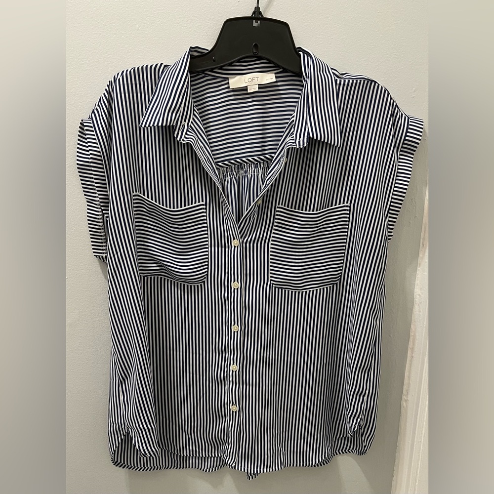 LOFT Navy and White Striped Button-Down Shirt